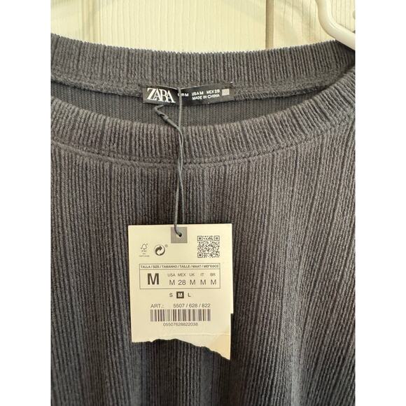 New ZARA Dark Gray Textured Long Sleeve Cinched Waist Top Sweater - Picture 2 of 6